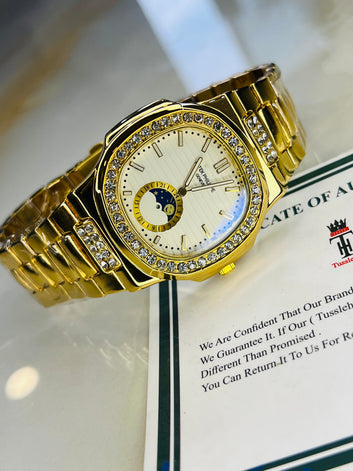 Gold White Chain Strapped Down Second Zircon Dial Watch