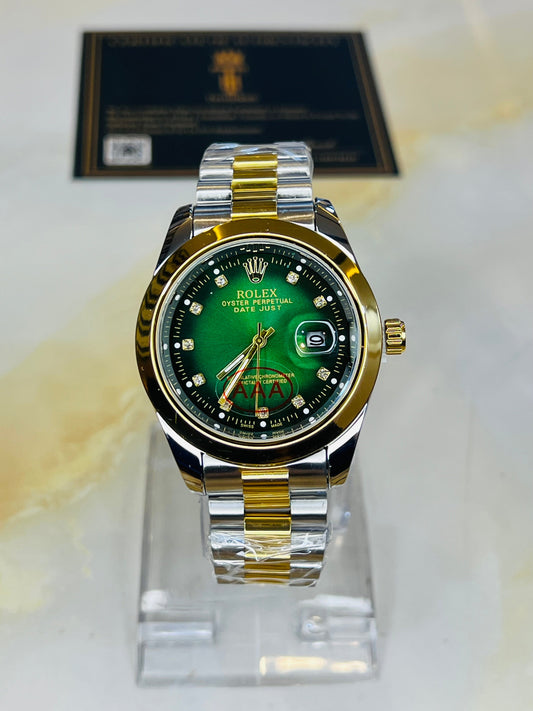 Two Tone Emerald Plain Bezel Date Just Watch