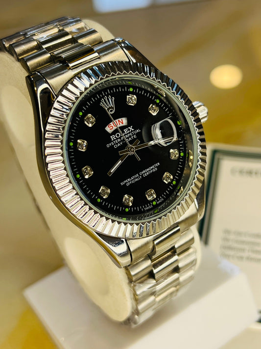 Premium Day Date Silver Black Dial Watch