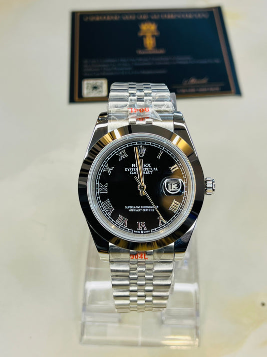 Roman Date Just Silver Black Plain Bezel Automatic Watch