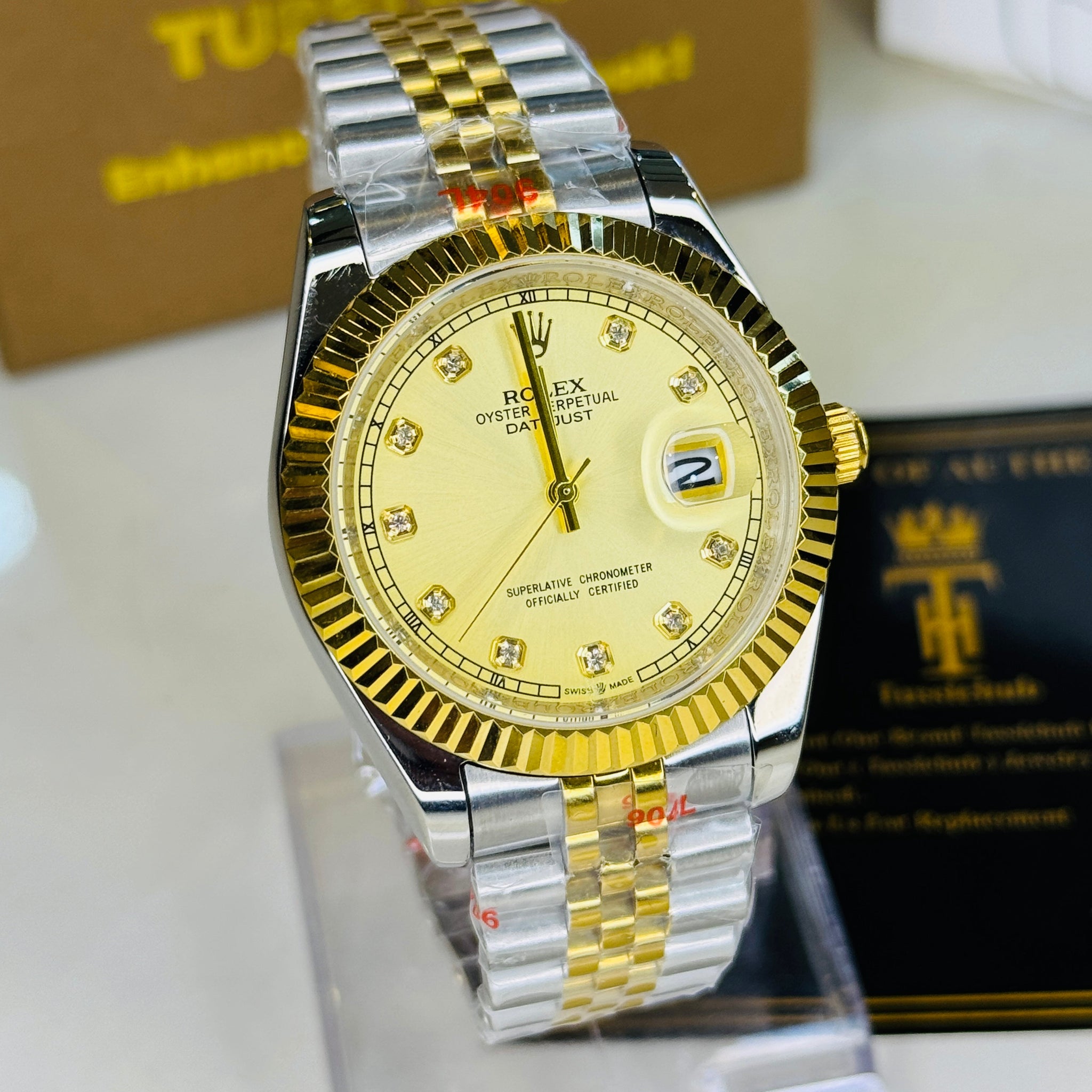 Jubilee Date Just Two Tone Diamond Fluted Gold Dial Quartz Watch