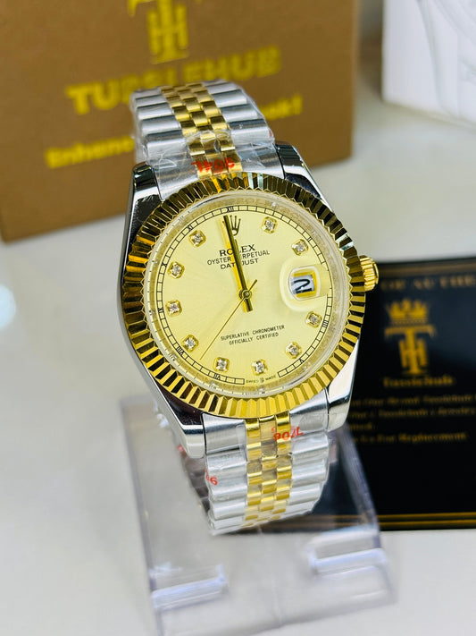 Jubilee Date Just Two Tone Diamond Fluted Gold Dial Quartz Watch