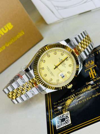 Jubilee Date Just Two Tone Diamond Fluted Gold Dial Quartz Watch