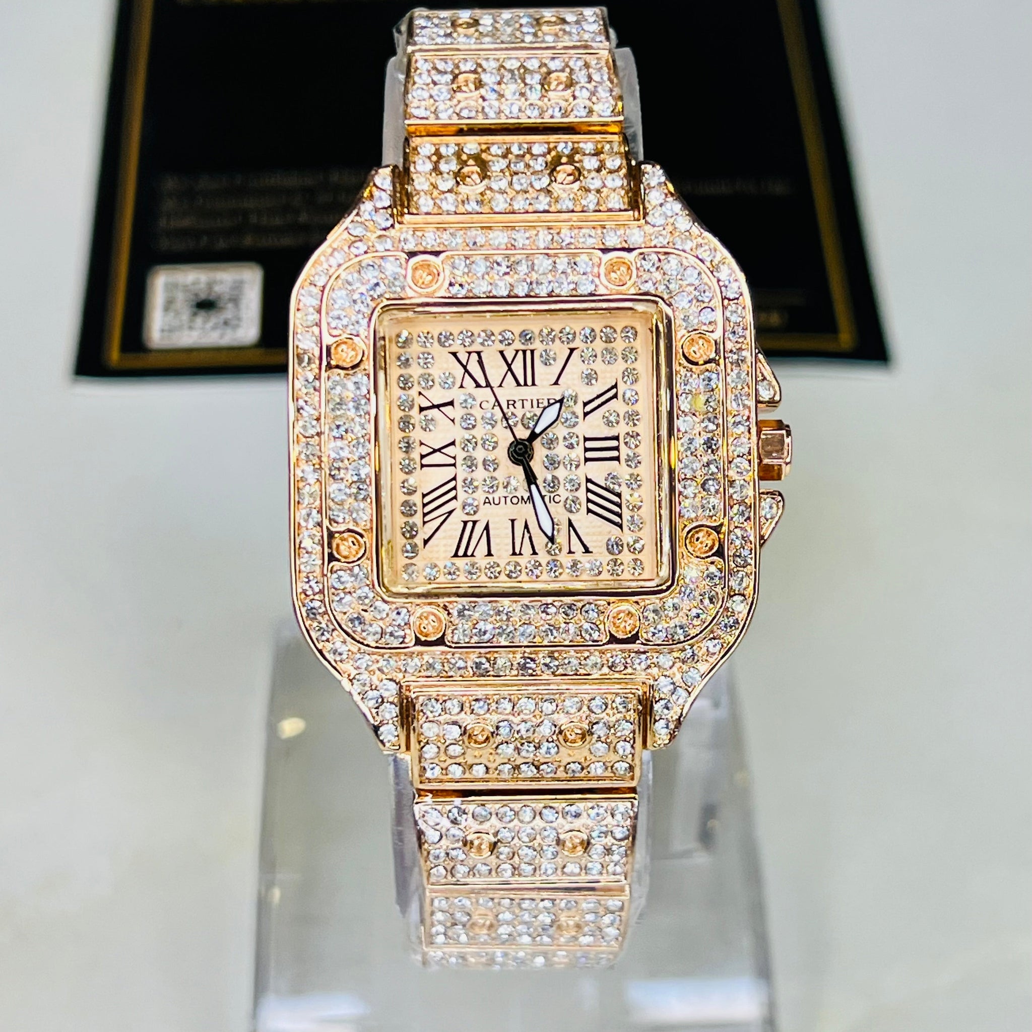 All Rose Gold Square Tank Iced Out Watch
