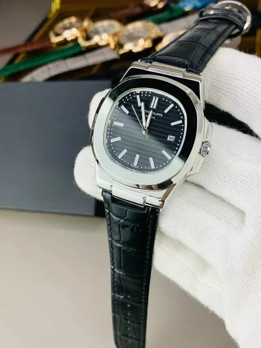 PP Leather Strap Watch - Silver Black